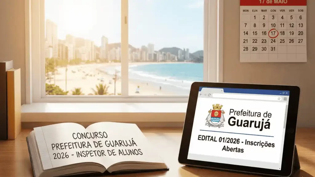 Concurso Guarujá 2026 para Inspetor de Alunos. Fotografia de uma mesa de estudo iluminada pelo sol com vista para a orla e praia do Guarujá através de uma janela. Em primeiro plano, um caderno aberto tem manuscrito "CONCURSO PREFEITURA DE GUARUJÁ 2026 - INSPETOR DE ALUNOS", ao lado de um tablet exibindo a página oficial da prefeitura com o texto "EDITAL 01/2026 - Inscrições Abertas". Na parede, um calendário tem a data de 17 de maio circulada em vermelho.