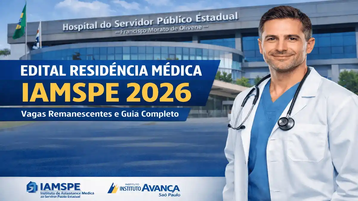 Edital Residência Médica IAMSPE 2026. Imagem promocional do Edital Residência Médica IAMSPE 2026 com médico em frente ao Hospital do Servidor Público Estadual em São Paulo.