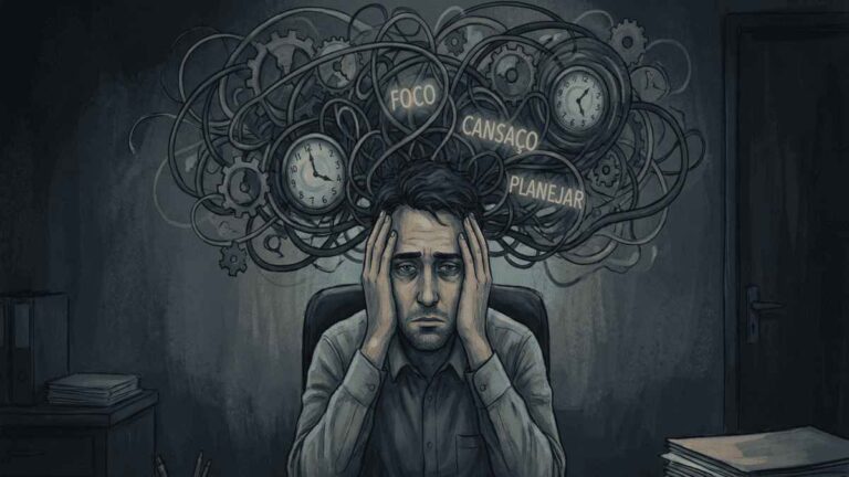 O Lado Oculto do TDAH em Adultos: Por que Tudo Exige o Triplo de Energia? Ilustração artística de um homem exausto com um emaranhado de engrenagens, relógios e as palavras "Foco", "Cansaço" e "Planejar" saindo de sua mente, representando o peso invisível do TDAH. Imagem gerada por IA para o artigo: O Lado Oculto do TDAH em Adultos: Por que Tudo Exige o Triplo de Energia?