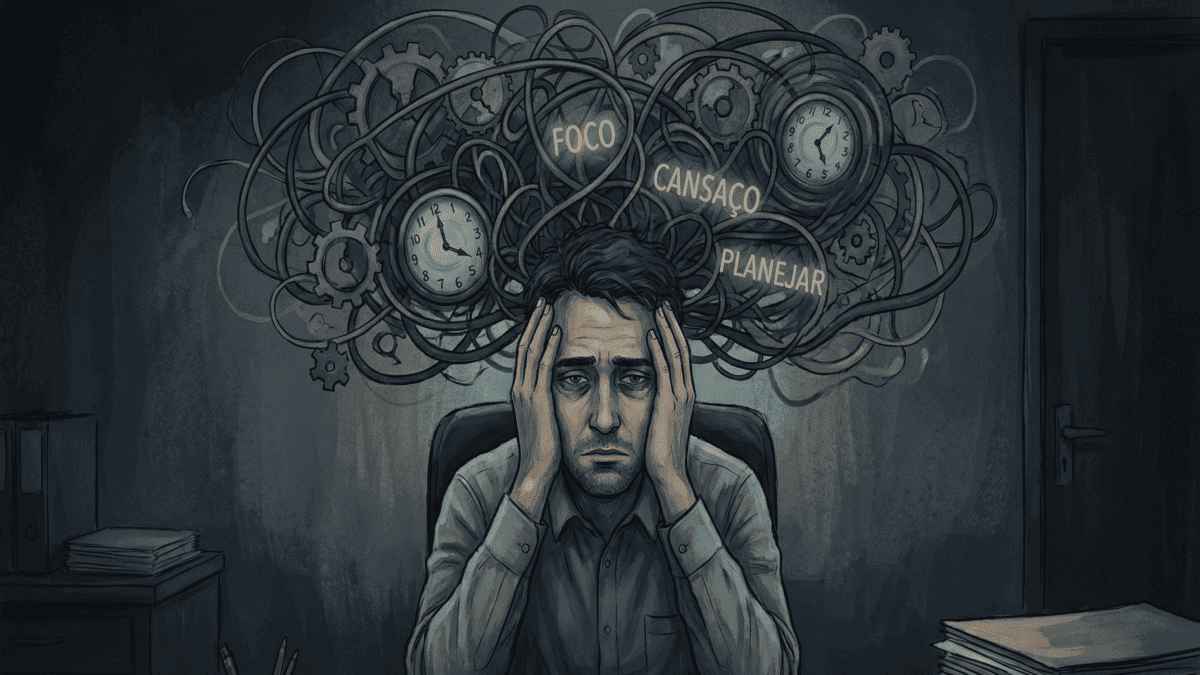 O Lado Oculto do TDAH em Adultos: Por que Tudo Exige o Triplo de Energia? Ilustração artística de um homem exausto com um emaranhado de engrenagens, relógios e as palavras "Foco", "Cansaço" e "Planejar" saindo de sua mente, representando o peso invisível do TDAH. Imagem gerada por IA para o artigo: O Lado Oculto do TDAH em Adultos: Por que Tudo Exige o Triplo de Energia?
