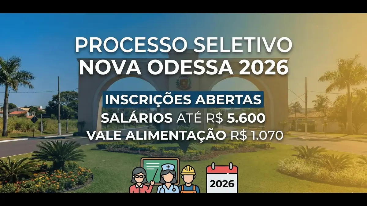 Edital Nova Odessa 2026. Ilustração do pórtico da cidade com ícones de profissões referente ao artigo: Processo Seletivo Nova Odessa 2026: Salários de até R$ 5,6 mil e Vale de R$ 1.070.