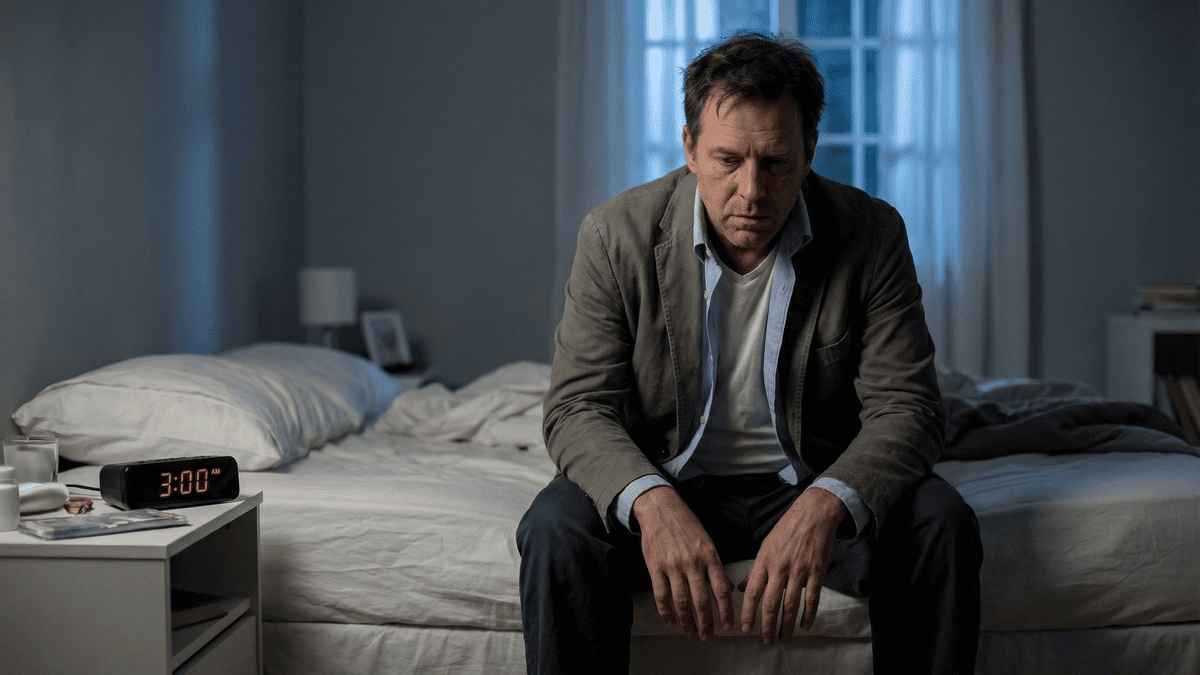 Por que o meu cansaço é diferente de qualquer outro cansaço. Homem sentado na cama à noite com expressão de exaustão mental, representando o cansaço causado pelo TDAH