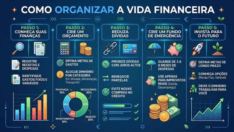 Um infográfico de fundo azul escuro com o título "COMO ORGANIZAR A VIDA FINANCEIRA". Ele é dividido em cinco colunas, numeradas de 1 a 5, que representam passos distintos: