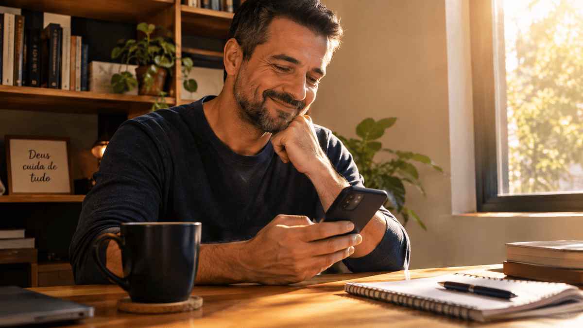 O Erro de Quem Tenta Limpar o Nome. Pessoa sorrindo aliviada ao olhar o celular, representando a paz e tranquilidade de aprender como sair das dívidas.