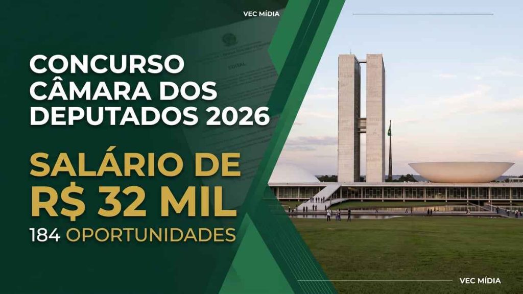 Congresso Nacional em Brasília para ilustrar o concurso da Câmara dos Deputados 2026, com 184 oportunidades e salário de R$ 32.070,88.