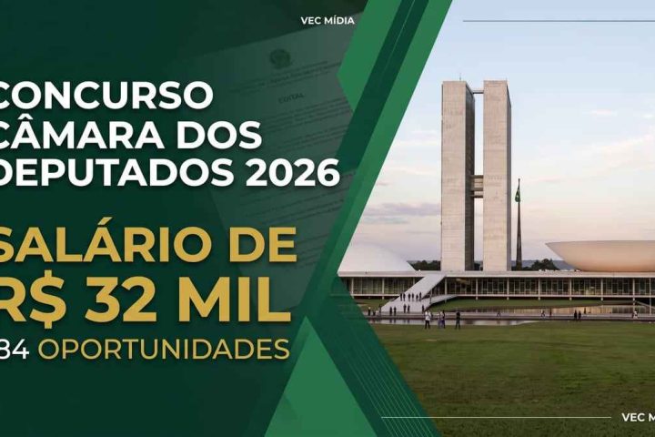 Congresso Nacional em Brasília para ilustrar o concurso da Câmara dos Deputados 2026, com 184 oportunidades e salário de R$ 32.070,88.