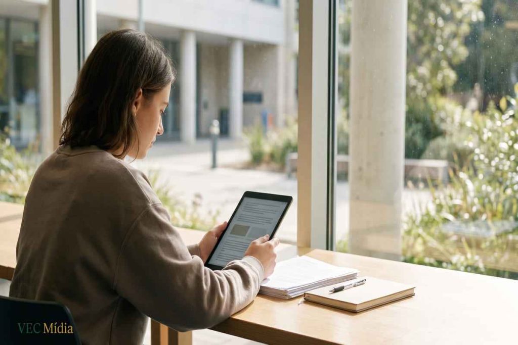 Fachada de prédio institucional de Justiça com candidatos lendo o edital do concurso DPE PB 2026 em um tablet
