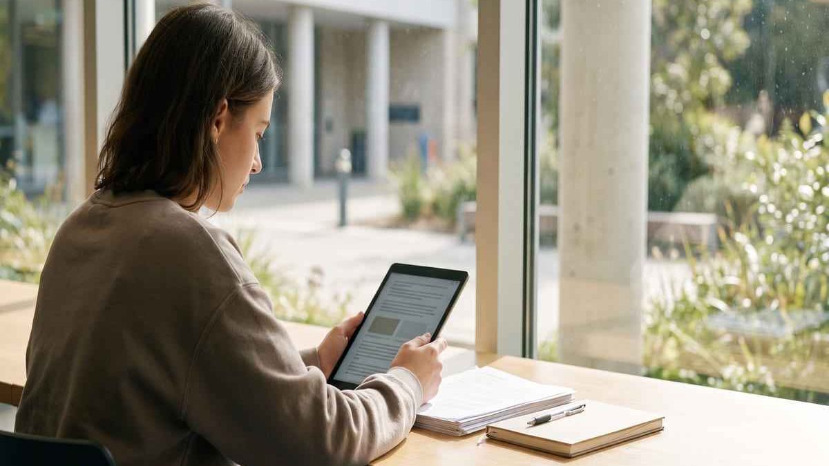 Fachada de prédio institucional de Justiça com candidatos lendo o edital do concurso DPE PB 2026 em um tablet