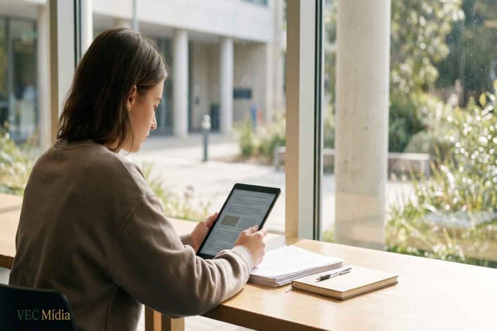 Fachada de prédio institucional de Justiça com candidatos lendo o edital do concurso DPE PB 2026 em um tablet
